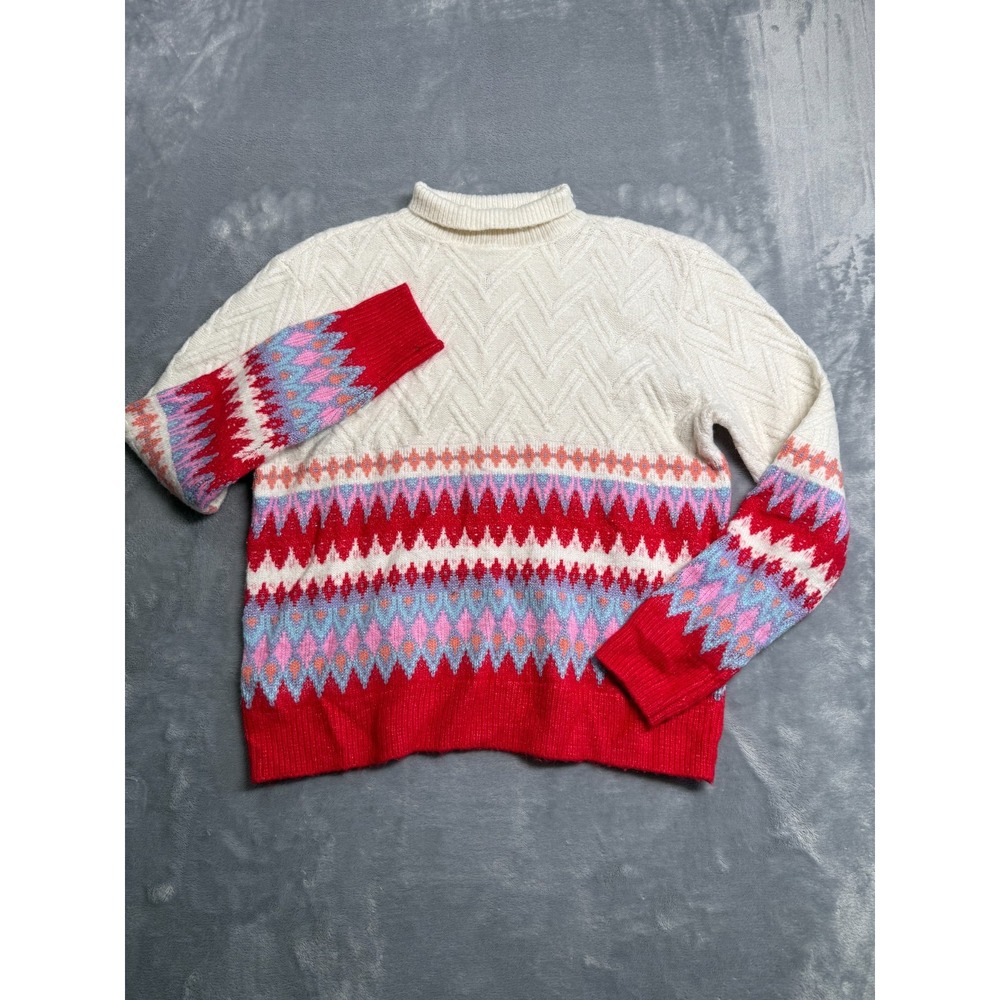 St. John's Bay Sweater Women's S Ivory Fair Isle Chunky Knit Turtleneck Pullover